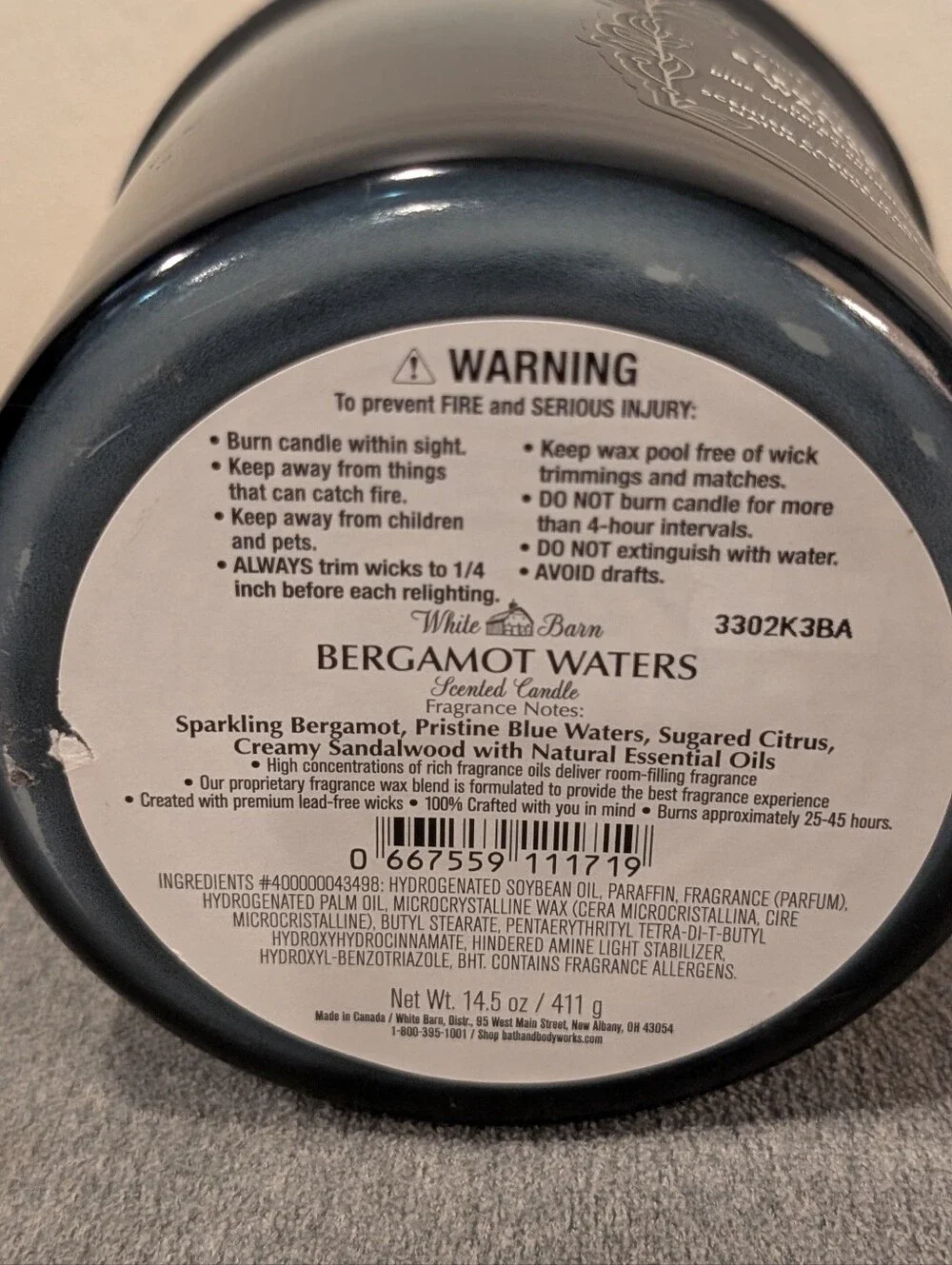 Bath & Body Works White Barn BERGAMOT WATERS 3-Wick 14.5 Oz Candle - Picture 4 of 4